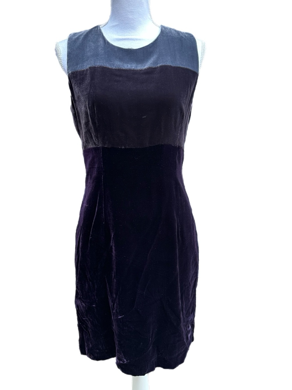 Harold’s Sleeveless Colorblock Velvet Dress in Deep Purple and Gray